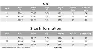 Detailed size chart for long sleeve V-neck bodycon dress showing S, M, L measurements