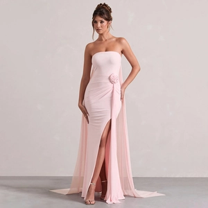 Elegant pink tube top long dress with 3D flower detail and high slit design