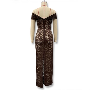 Detail view of dark brown lace long dress back with zipper closure and floral patterns