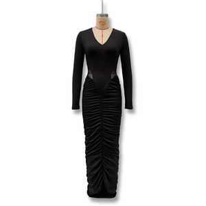 Detailed view of the elegant ruched texture on this black long sleeve V-neck midi dress