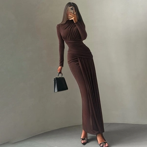 Elegant deep brown slim fit long sleeve maxi dress with draped pleated details