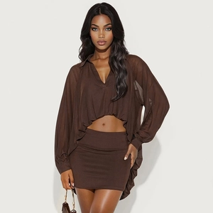 Ensemble 2 pièces femme haut en mesh marron foncé et mini-jupe taille haute