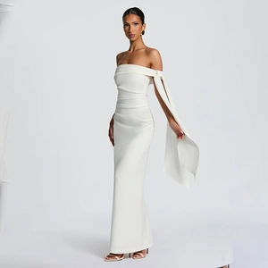 Elegant white off-the-shoulder maxi dress with a stylish bow ribbon and slim fit silhouette