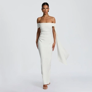 Detail of white off-the-shoulder slim dress with waist pleats and elegant streamers