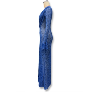 Detail view of blue leopard print flocked mesh fabric on a long sleeve V-neck maxi dress