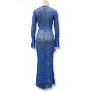 Detail of blue animal print mesh dress featuring lace-up cuffs and sheer flocking fabric