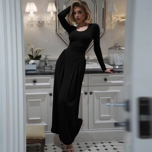 Elegant black long sleeve maxi dress with U-neck and pleated waist design for women
