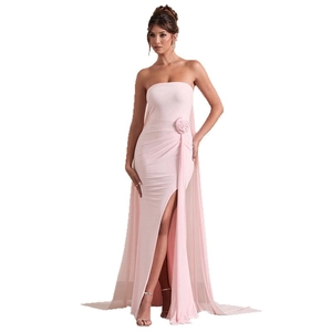 Elegant light pink strapless evening dress with floral waist accent and high slit detail