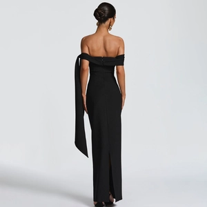 Elegant black off-the-shoulder slim fit maxi dress with long ribbon sleeve detail