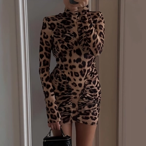 Polyester Leopard Print Ruched Backless Bodycon Mini Dress Mock Neck Long Sleeve Sexy Streetwear For Women