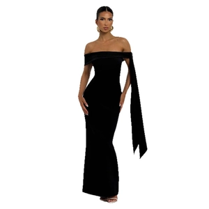 Elegant black off-shoulder bodycon evening gown with long shoulder streamer detail