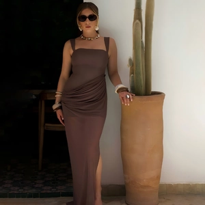Elegant chocolate ruched midi dress with thick straps and slimming silhouette for women