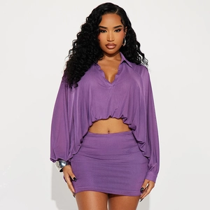 Tenue Sexy en Polyester Spandex pour Femmes Crop Top à Manches Longues Col en V Mini Jupe Moulante Patchwork en Maille
