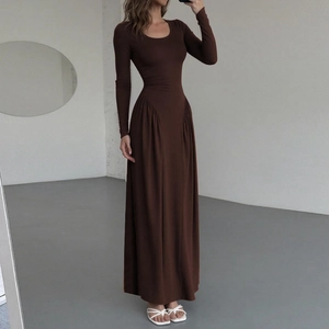Women French Elegant Long Sleeve U-Neck Slim Fit Pleated Maxi Dress Solid Color Large Swing Knitted Polyester Spandex Party Dress