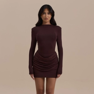 Slim fit chocolate brown long sleeve mini dress with ruched bodycon design for women