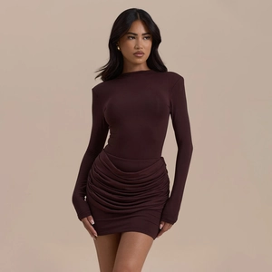 Women Sexy Ruched Bodycon Mini Dress Long Sleeve Round Neck Slim Fit Solid Color Polyester Club Party Short Dress