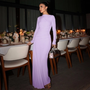 Detailed ruching at the waist of this lavender long sleeve slim fit maxi evening dress