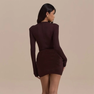 Close-up of the form-fitting back cut and ruched fabric on a brown long sleeve mini dress