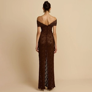 Elegant deep brown lace off-shoulder slim fit maxi dress with back slit for evening wear