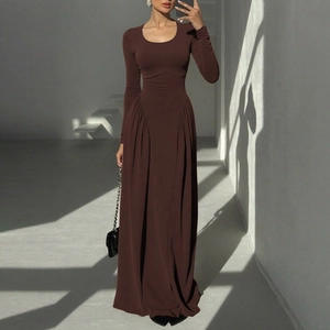Elegant brown slim fit long sleeve U-neck maxi dress with stylish waist pleats