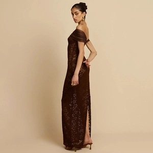 Close-up of brown lace floral patterns on the off-shoulder slim-fit evening dress