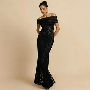 Off-shoulder black lace maxi dress with sheer mesh panel and bodycon mermaid hem