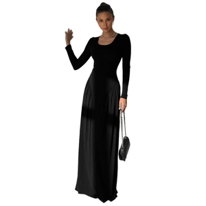 Elegant black long sleeve maxi dress with U-neck and pleated waist for a slim fit look