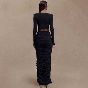 Elegant back view of long sleeve ruched black evening dress with mesh waist detailing