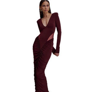 Elegant wine red deep V-neck ruched long sleeve floor-length bodycon dress