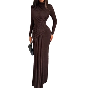 Elegant dark brown long-sleeve maxi dress with chic ruched details and a slim silhouette