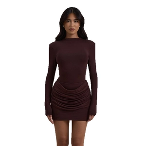 Deep brown long sleeve ruched mini dress with a slim fit and elegant round neckline