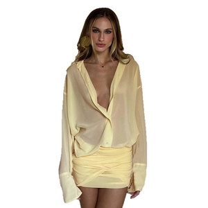 Elegant two-piece light yellow chiffon shirt and pleated bodycon mini skirt set for women
