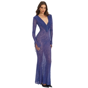Elegant navy blue animal print maxi dress with deep V-neck and long flared sleeves