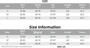 Detailed size chart for long sleeve bodycon dress with bust and waist measurements