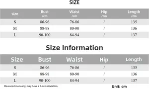 Detailed size chart for women long dress with measurements in cm for sizes S to L