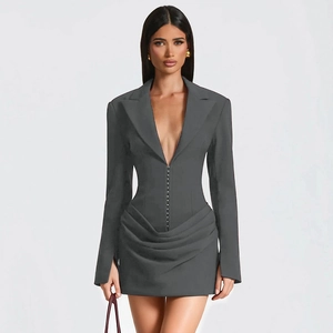 Elegant charcoal grey long sleeve blazer dress with deep V-neck and waist metal hook closure