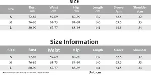 Size chart with bust waist and hip measurements for this elegant long sleeve slim dress