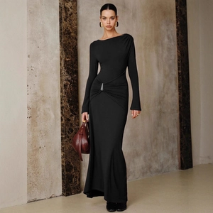 Elegant black long sleeve slim fit evening dress with waist metal buckle and fishtail hem