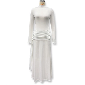 Detailed view of white long-sleeved dress with waist pleats and elegant high-neck design