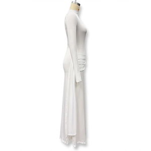 Detail of elegant white long-sleeve dress featuring side ruching and graceful draping style