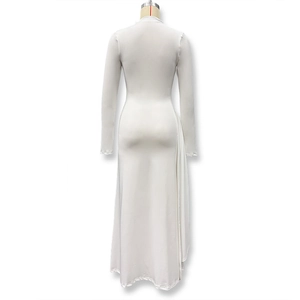 Detail view of the white long-sleeve maxi dress back with elegant side drape and slim fit