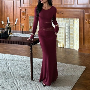 Women Sexy Burgundy Round Neck Long Sleeve Hollow Out Lace Patchwork Slim Fit Bodycon Maxi Dress Party Evening Dress