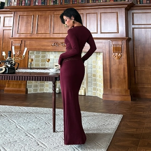 Elegant burgundy long sleeve slim fit dress with lace waist patchwork detail