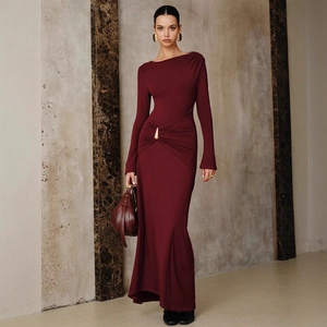 Women Elegant Long Sleeve Bodycon Dress Ruched Waist With Metal Buckle Polyester Spandex Fishtail Evening Party Maxi Dress