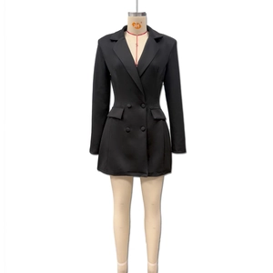Detail of a black double-breasted blazer dress with peaked lapels and flap pockets
