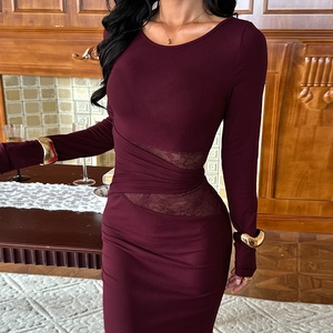 Slim fit wine red long sleeve dress with elegant lace hollow stitching and round neck
