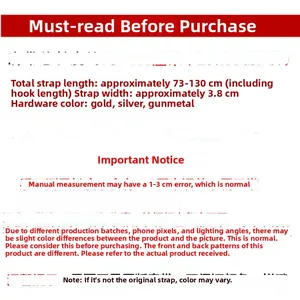 Detailed chart showing 3.8cm width and 73-130cm adjustable length for bag straps