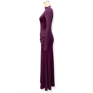 Detail view of the elegant deep purple maxi dress with side ruching and mock neck