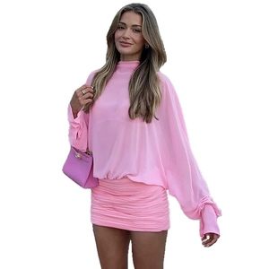 Pink long sleeve chiffon two-piece set with pleated skirt and high-neck top for women