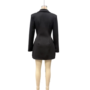 Back view of a slim fit black long-sleeved blazer dress with tailored waist design